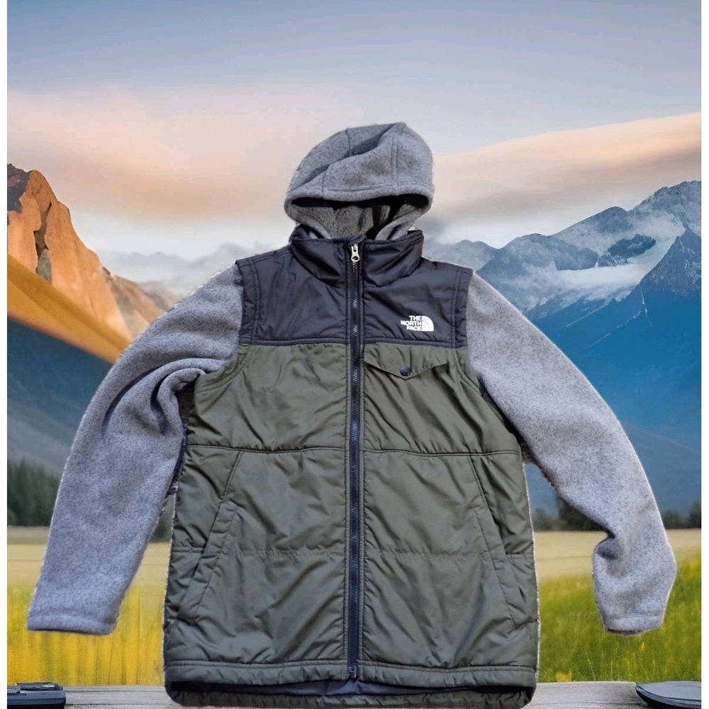 The North Face Hybrid Jacket Boys‎ L 14/16 Green Grey Excellent Fleece Hooded